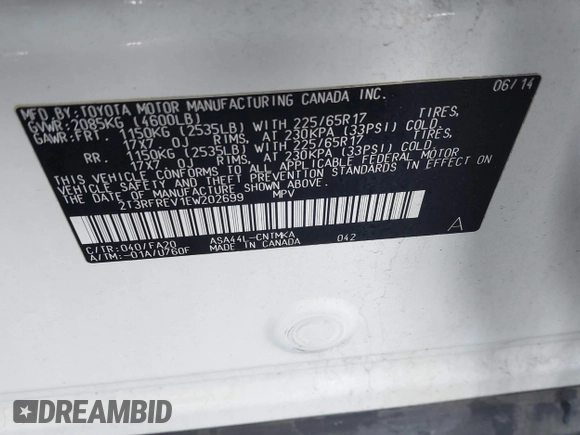 2014 Toyota RAV4 XLE with VIN 2T3RFREV1EW202699, listed as a IAAI auction lot 41117670 with 141,560 mi miles and . Bid and sale history available at DreamBid. Image 9.