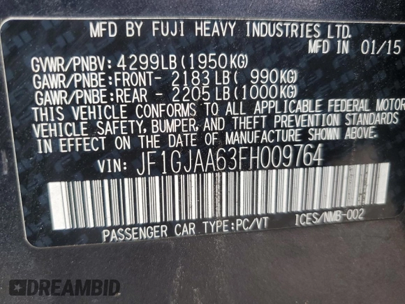 2015 Subaru Impreza z VIN JF1GJAA63FH009764, wystawiony jako Copart lot #48061215 z przebiegiem 178 111 mil mil oraz Czysty tytuł • Clean title. Historia ofert i sprzedaży dostępna na DreamBid. Obrazek 13.