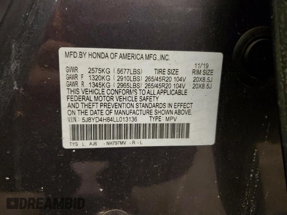 2020 Acura MDX w/Advance Pkg with VIN 5J8YD4H84LL013136, listed as a Copart auction lot 45518445 with 0 mi miles and Salvage Title. Bid and sale history available at carsss.com. Image 15.
