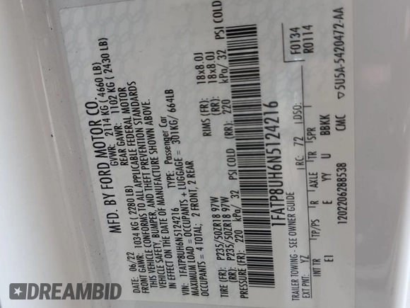 2022 Ford Mustang EcoBoost z VIN 1FATP8UH6N5124216, wystawiony jako Copart lot #64855615 z przebiegiem 58 577 mil mil oraz Szkoda całkowita • Salvage title. Historia ofert i sprzedaży dostępna na DreamBid. Obrazek 13.