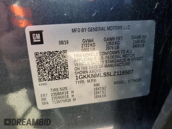 2020 GMC Acadia SLT with VIN 1GKKNMLS5LZ116507, listed as a Copart auction lot 56781845 with 65,238 mi miles and Salvage title. Bid and sale history available at DreamBid. Image 13.