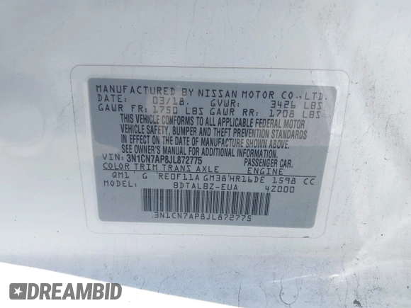 2018 Nissan Versa Sedan SV with VIN 3N1CN7AP8JL872775, listed as a IAAI auction lot 41881821 with 205,367 mi miles. Bid and sale history available at carsss.com. Image 11.