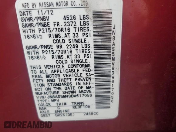 2013 Nissan Rogue S with VIN JN8AS5MV8DW617056, listed as a Copart auction lot 51389125 with 140,491 mi miles and Clean Title. Bid and sale history available at DreamBid. Image 13.