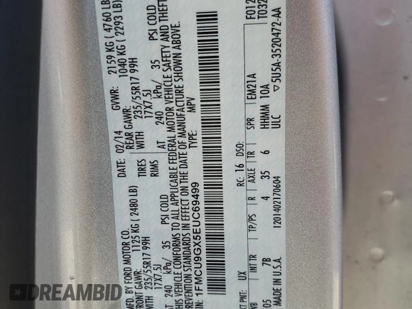 2014 Ford Escape SE with VIN 1FMCU9GX5EUC69499, listed as a Copart auction lot 51787225 with 200,898 mi miles and Salvage Title. Bid and sale history available at DreamBid. Image 14.