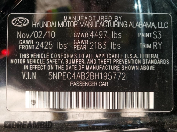 2011 Hyundai Sonata Limited with VIN 5NPEC4AB2BH195772, listed as a Copart auction lot 51808735 with 87,199 mi miles and Salvage Title. Bid and sale history available at DreamBid. Image 12.