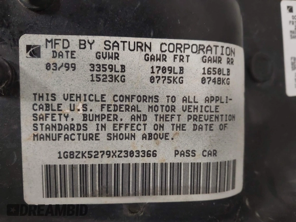 1999 Saturn SL with VIN 1G8ZK5279XZ303366, listed as a IAAI auction lot 42510468 with 125,860 mi miles and . Bid and sale history available at DreamBid. Image 9.