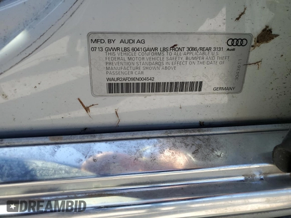 2014 Audi A8 4.0T with VIN WAUR2AFD9EN004542, listed as a Copart auction lot 50818845 with 75,908 mi miles and Salvage Title. Bid and sale history available at DreamBid. Image 12.