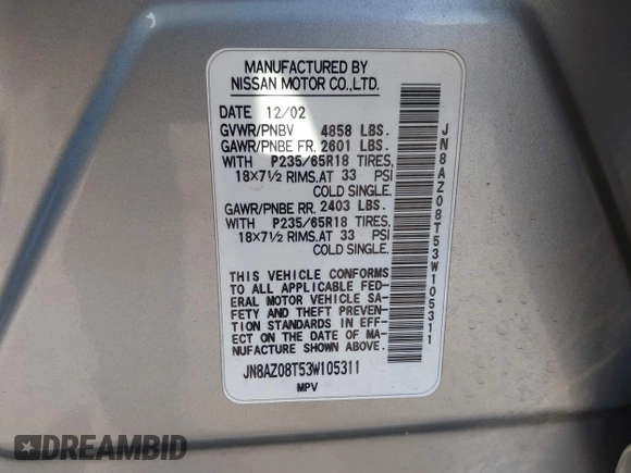 2003 Nissan Murano SE z VIN JN8AZ08T53W105311, wystawiony jako IAAI lot #42471608 z przebiegiem 155 806 mil mil oraz . Historia ofert i sprzedaży dostępna na DreamBid. Obrazek 9.