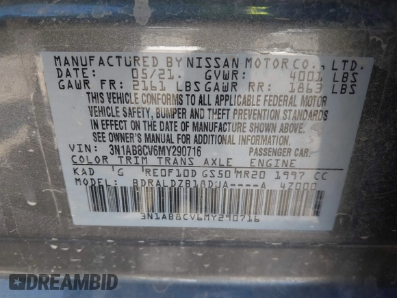 2021 Nissan Sentra SV with VIN 3N1AB8CV6MY290716, listed as a IAAI auction lot 42012958 with 50,344 mi miles and . Bid and sale history available at DreamBid. Image 9.