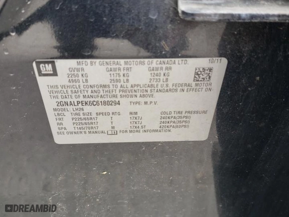 2012 Chevrolet Equinox LT w/2LT with VIN 2GNALPEK6C6180294, listed as a Copart auction lot 50796885 with 106,691 mi miles and Salvage Title. Bid and sale history available at carsss.com. Image 13.