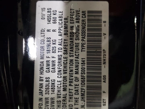 2015 Honda CR-Z EX with VIN JHMZF1D68FS001841, listed as a Copart auction lot 87450514 with 105,717 mi miles and Salvage Title. Bid and sale history available at carsss.com. Image 12.