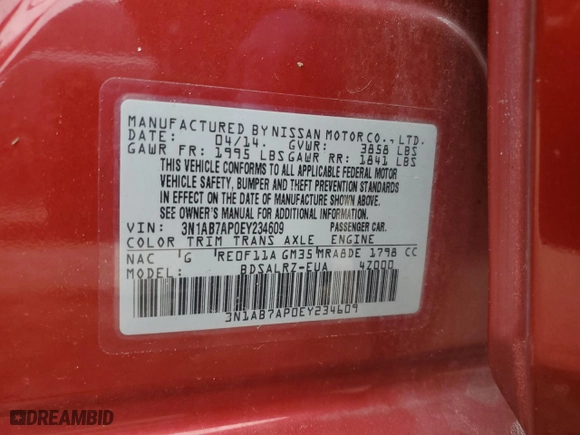 2014 Nissan Sentra S with VIN 3N1AB7AP0EY234609, listed as a Copart auction lot 45143665 with 129,740 mi miles and Clean Title. Bid and sale history available at carsss.com. Image 12.