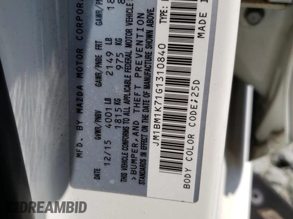 2016 Mazda 3 i Sport with VIN JM1BM1K71G1310840, listed as a Copart auction lot 76546654 with 83,971 mi miles and Salvage Title. Bid and sale history available at DreamBid. Image 15.