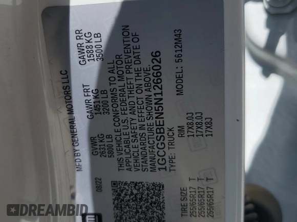 2022 Chevrolet Colorado 2WD Work Truck with VIN 1GCGSBEN5N1266026, listed as a Copart auction lot 52170325 with 91,425 mi miles and Salvage title. Bid and sale history available at DreamBid. Image 14.