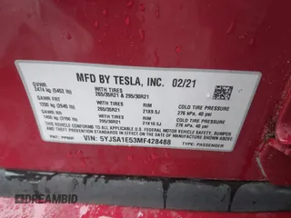 2021 Tesla Model S Long Range with VIN 5YJSA1E53MF428488, listed as a IAAI auction lot 42511017 with 68,482 mi miles and . Bid and sale history available at DreamBid. Image 9.