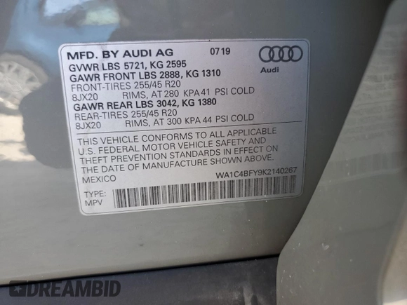 2019 Audi SQ5 with VIN WA1C4BFY9K2140267, listed as a Copart auction lot 71915064 with Not Provided miles and Non Repairable. Bid and sale history available at DreamBid. Image 14.