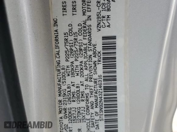 2003 Toyota Tacoma PreRunner с VIN 5TESN92N43Z146316, выставлен на аукционе Copart как лот 60474775 с пробегом 249 364 миль миль и Списание • Salvage title. История ставок и продаж доступна на DreamBid. Изображение 12.