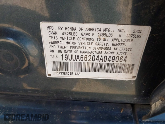 2004 Acura TL with VIN 19UUA66204A049064, listed as a IAAI auction lot 42068252 with 193,438 mi miles. Bid and sale history available at carsss.com. Image 9.