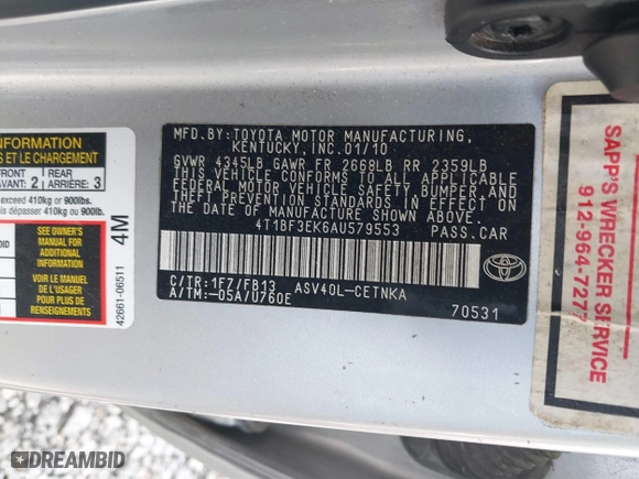 2010 Toyota Camry with VIN 4T1BF3EK6AU579553, listed as a IAAI auction lot 41960689 with 1 mi miles. Bid and sale history available at carsss.com. Image 9.