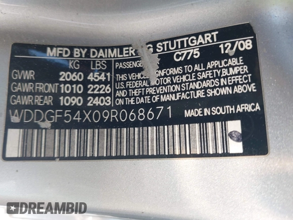2009 Mercedes-Benz C 300 Sport with VIN WDDGF54X09R068671, listed as a IAAI auction lot 42533482 with 180,354 mi miles and . Bid and sale history available at DreamBid. Image 9.