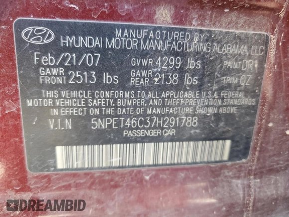 2007 Hyundai Sonata GLS with VIN 5NPET46C37H291788, listed as a Copart auction lot 52166515 with 169,254 mi miles and Clean Title. Bid and sale history available at DreamBid. Image 13.