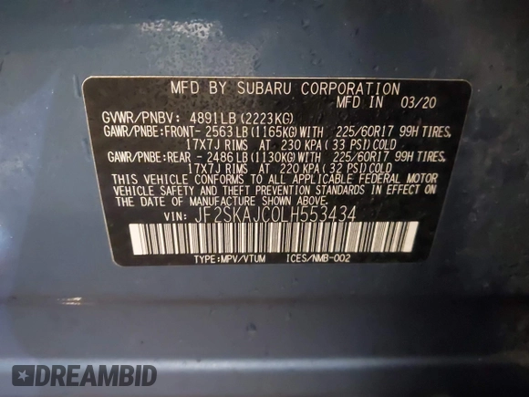 2020 Subaru Forester Premium with VIN JF2SKAJC0LH553434, listed as a IAAI auction lot 41454507 with 1 mi miles. Bid and sale history available at carsss.com. Image 9.