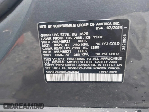 2024 Volkswagen Atlas SEL Premium R-Line with VIN 1V2FE2CA0RC253583, listed as a IAAI auction lot 41951435 with 4,668 mi miles and . Bid and sale history available at DreamBid. Image 9.