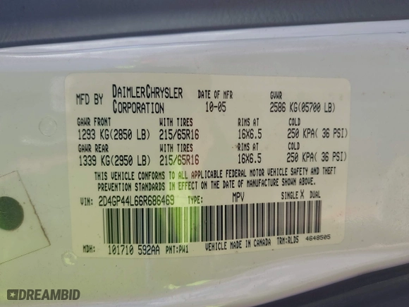 2006 Dodge Grand Caravan SXT with VIN 2D4GP44L66R686469, listed as a IAAI auction lot 41893168 with 218,249 mi miles. Bid and sale history available at carsss.com. Image 9.