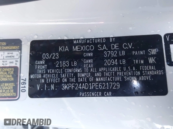 2023 Kia Forte LXS with VIN 3KPF24AD1PE621729, listed as a IAAI auction lot 41554199 with 39,640 mi miles and . Bid and sale history available at DreamBid. Image 9.