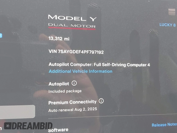 2023 Tesla Model Y Performance with VIN 7SAYGDEF4PF797192, listed as a IAAI auction lot 41550259 with 13,312 mi miles and . Bid and sale history available at DreamBid. Image 15.