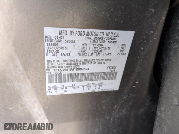 2001 Ford F-250 XL with VIN 1FTNW21F61EB84674, listed as a Copart auction lot 53078865 with 232,358 mi miles and Salvage title. Bid and sale history available at DreamBid. Image 12.