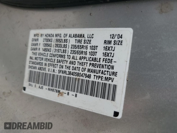 2005 Honda Odyssey EX with VIN 5FNRL38405B047948, listed as a Copart auction lot 50130755 with 0 mi miles and Salvage Title. Bid and sale history available at carsss.com. Image 13.
