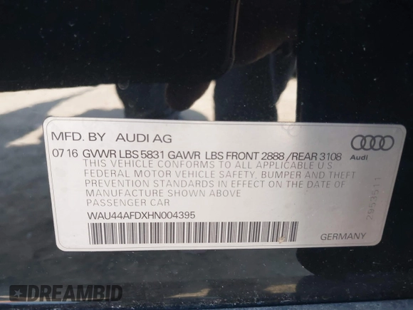 2017 Audi A8 with VIN WAU44AFDXHN004395, listed as a IAAI auction lot 41705688 with 63,282 mi miles and . Bid and sale history available at DreamBid. Image 9.