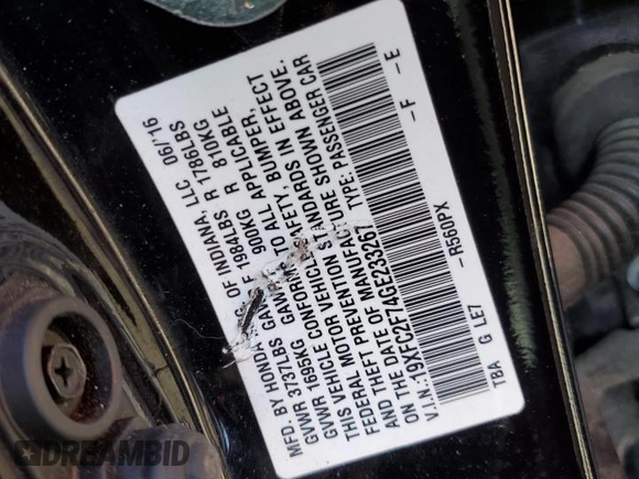 2016 Honda Civic EX with VIN 19XFC2F74GE233267, listed as a Copart auction lot 50123275 with 70,018 mi miles and Salvage Title. Bid and sale history available at DreamBid. Image 12.