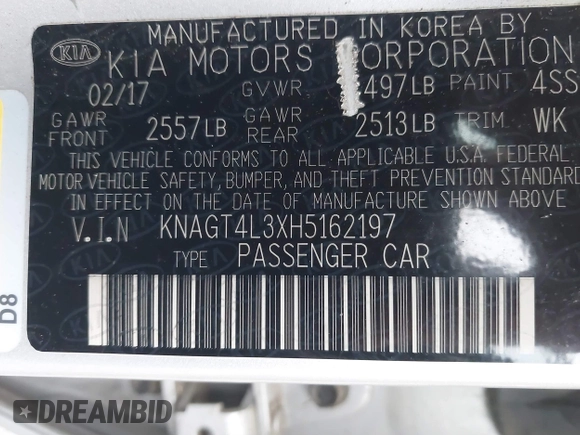2017 Kia Optima LX with VIN KNAGT4L3XH5162197, listed as a IAAI auction lot 41754002 with 77,141 mi miles. Bid and sale history available at carsss.com. Image 9.