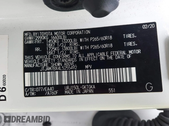 2020 Lexus GX 460 Premium z VIN JTJAM7BX4L5255492, wystawiony jako IAAI lot #41913425 z przebiegiem 33 684 mil mil oraz . Historia ofert i sprzedaży dostępna na DreamBid. Obrazek 9.