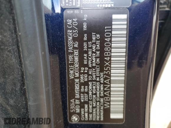 2004 BMW 5 Series 530i with VIN WBANA735X4B804011, listed as a Copart auction lot 41581885 with 75,875 mi miles and Salvage Title. Bid and sale history available at DreamBid. Image 13.