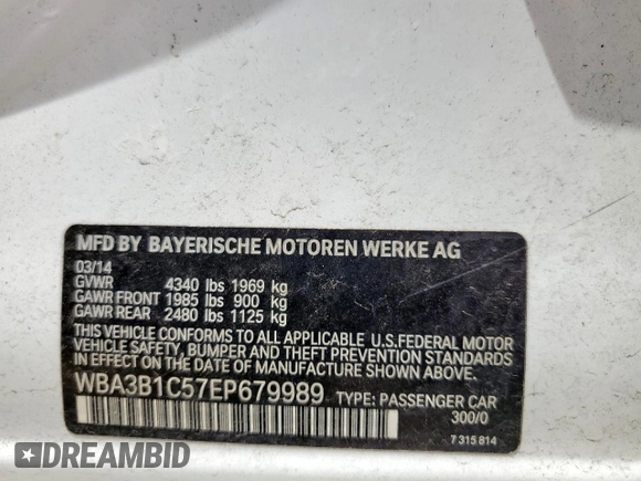 2014 BMW 3 Series 320i z VIN WBA3B1C57EP679989, wystawiony jako Copart lot #56383665 z przebiegiem 125 617 mil mil oraz Szkoda całkowita • Salvage title. Historia ofert i sprzedaży dostępna na DreamBid. Obrazek 12.