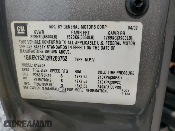 2002 Chevrolet Tahoe Z71 z VIN 1GNEK13Z02R269752, wystawiony jako Copart lot #59030705 z przebiegiem 342 433 mil mil oraz Szkoda całkowita • Salvage title. Historia ofert i sprzedaży dostępna na DreamBid. Obrazek 13.