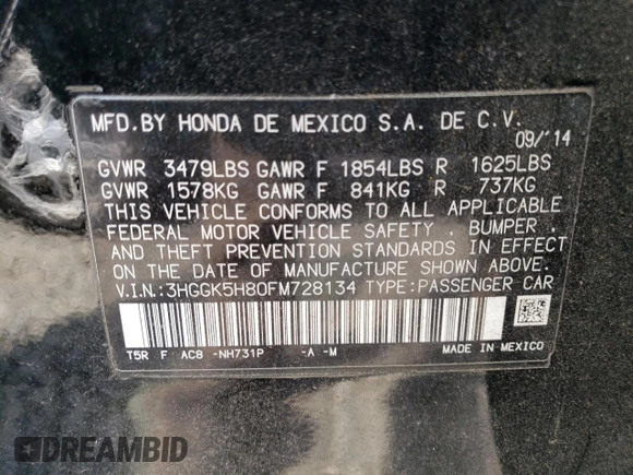 2015 Honda Fit EX-L с VIN 3HGGK5H80FM728134, выставлен на аукционе Copart как лот 57405935 с пробегом 65 084 миль миль и Списание • Salvage title. История ставок и продаж доступна на DreamBid. Изображение 12.