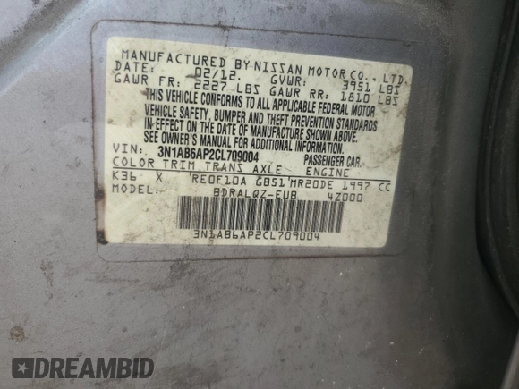 2012 Nissan Sentra SR with VIN 3N1AB6AP2CL709004, listed as a Copart auction lot 55308945 with 266,420 mi miles and Clean Title. Bid and sale history available at DreamBid. Image 12.