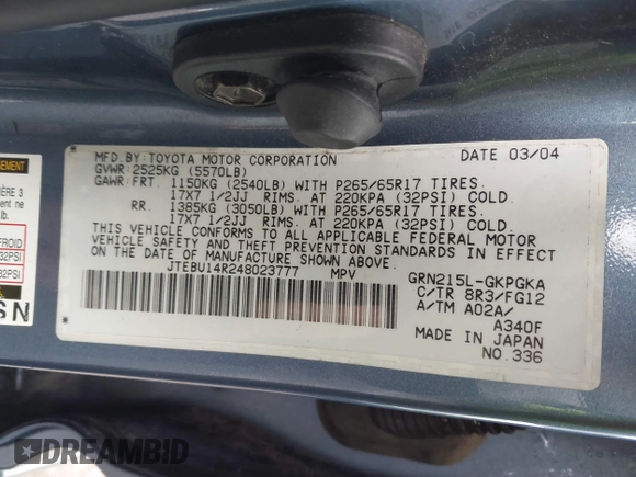 2004 Toyota 4Runner SR5 with VIN JTEBU14R248023777, listed as a IAAI auction lot 41850010 with 301,919 mi miles and . Bid and sale history available at DreamBid. Image 9.