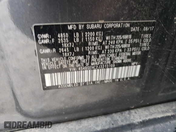 2018 Subaru Outback Limited with VIN 4S4BSENC2J3213109, listed as a Copart auction lot 60609905 with 32,899 mi miles and Salvage title. Bid and sale history available at DreamBid. Image 13.