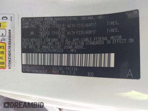 2019 Toyota Sienna LE Auto Access Seat with VIN 5TDKZ3DC7KS985028, listed as a IAAI auction lot 41757413 with 65,865 mi miles and . Bid and sale history available at DreamBid. Image 9.