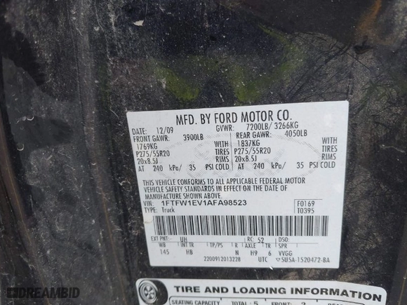 2010 Ford F-150 XL with VIN 1FTFW1EV1AFA98523, listed as a IAAI auction lot 41702551 with 242,073 mi miles. Bid and sale history available at carsss.com. Image 9.
