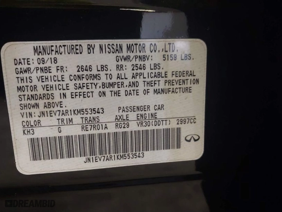2019 Infiniti Q50 3.0t LUXE with VIN JN1EV7AR1KM553543, listed as a IAAI auction lot 41084887 with NaN miles. Bid and sale history available at carsss.com. Image 9.
