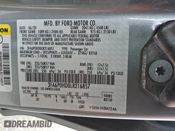2020 Ford Fusion SE с VIN 3FA6P0HD0LR216857, выставлен на аукционе Copart как лот 60656415 с пробегом 92 016 миль миль и Чистый • Clean title. История ставок и продаж доступна на DreamBid. Изображение 13.