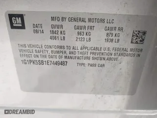 2014 Chevrolet Cruze LT with VIN 1G1PK5SB1E7449487, listed as a IAAI auction lot 41950120 with 91,636 mi miles. Bid and sale history available at carsss.com. Image 9.