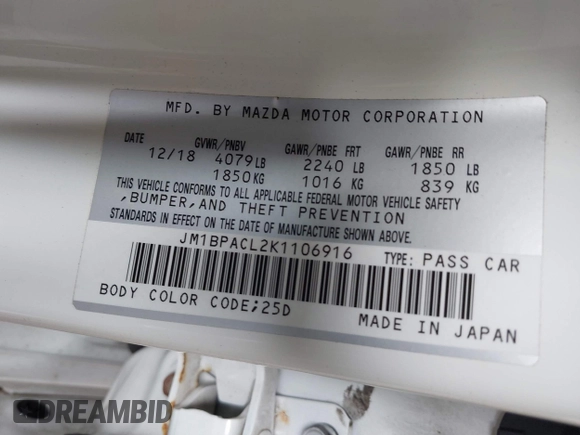 2019 Mazda 3 w/Select with VIN JM1BPACL2K1106916, listed as a IAAI auction lot 42082381 with 63,017 mi miles. Bid and sale history available at carsss.com. Image 9.