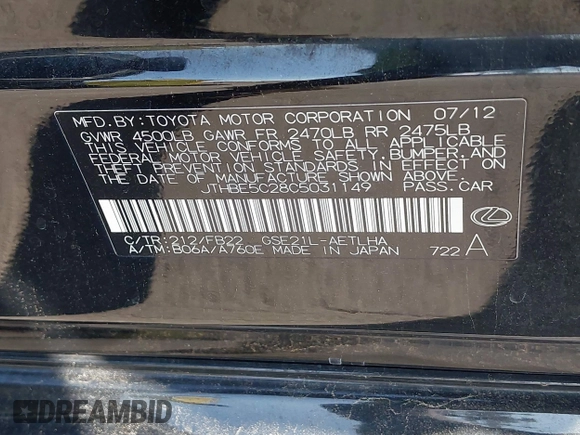 2012 Lexus IS 350 with VIN JTHBE5C28C5031149, listed as a IAAI auction lot 41627059 with 70,496 mi miles and . Bid and sale history available at DreamBid. Image 9.